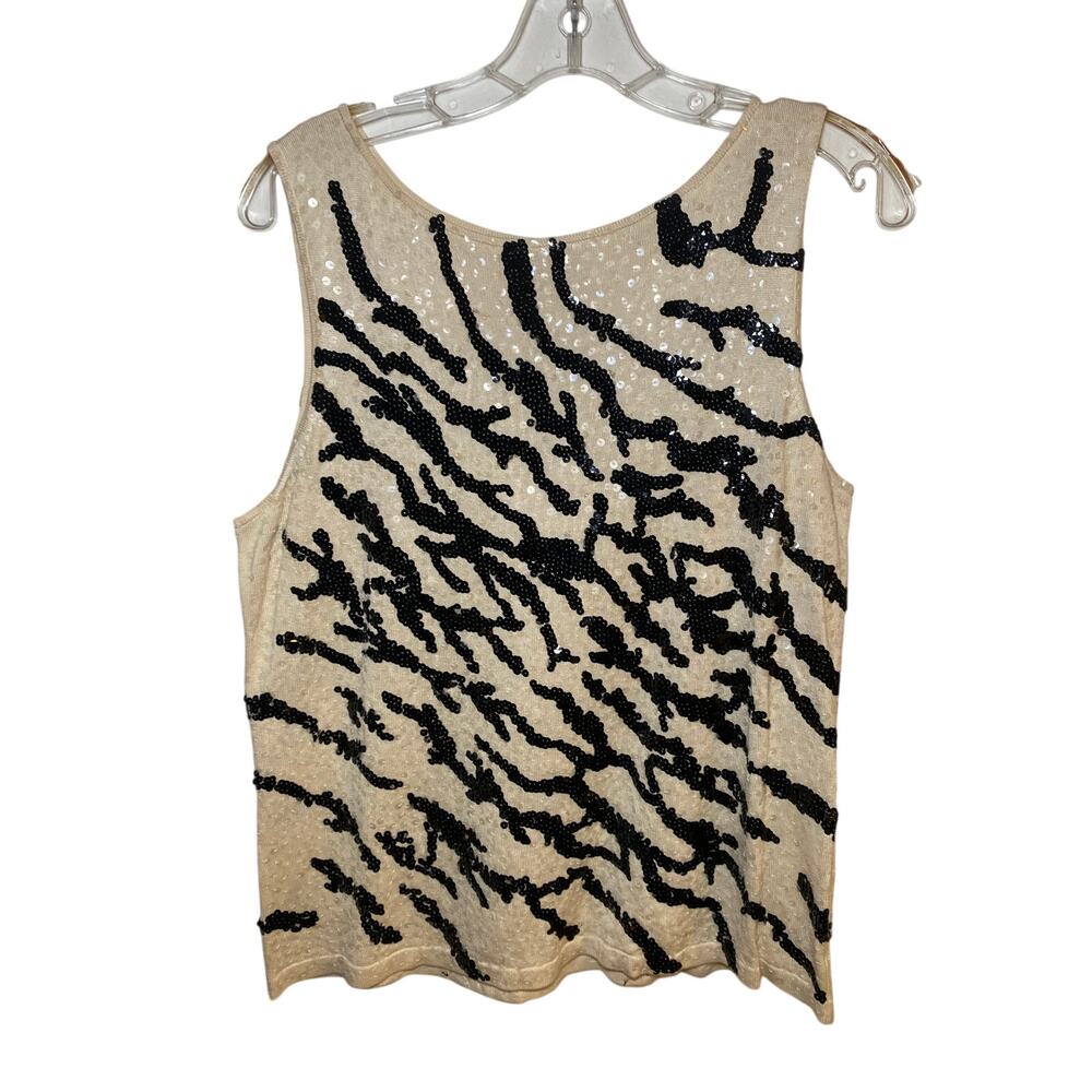 LR560 Vintage Liz Claiborne M Beige Black Sequin Animal Print Sleeveless Top - Picture 2 of 8